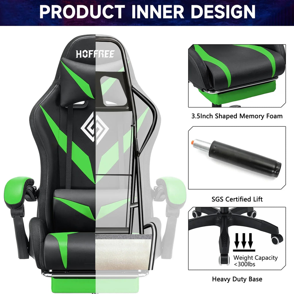 Nouveauté 2026 – Fauteuil de jeu Hoffree avec haut-parleurs intégrés, en cuir PU, repose-pieds et éclairage LED. Fauteuil ergonomique pour gamer avec massage, soutien lombaire et appui-tête pivotant et réglable. Idéal pour le télétravail et le bureau