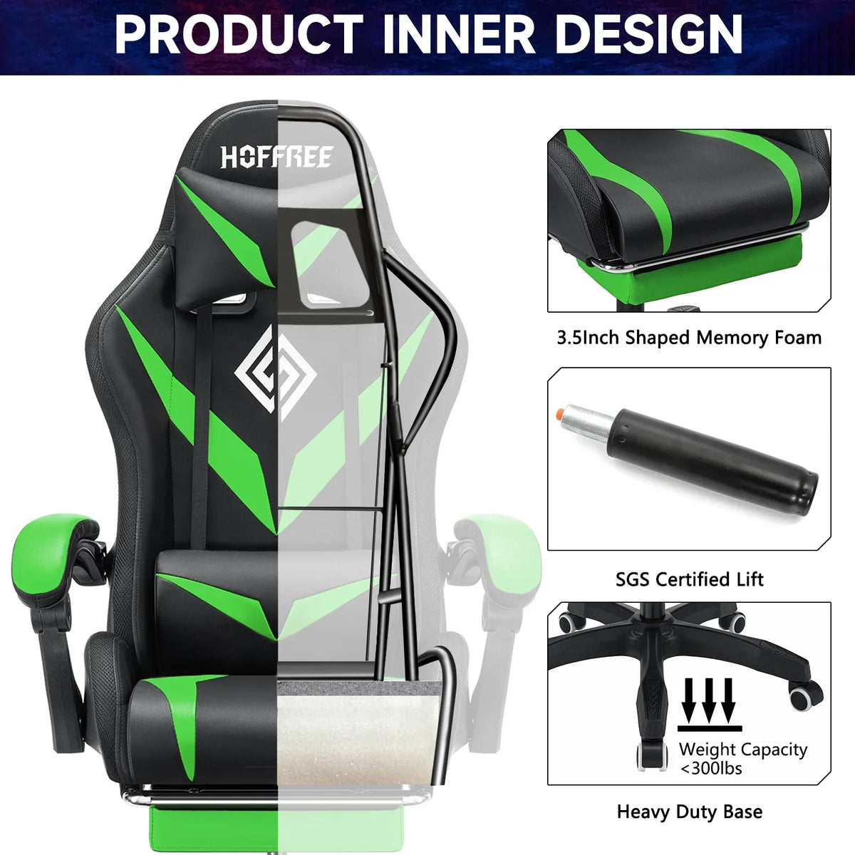 Nouveauté 2026 – Fauteuil de jeu Hoffree avec haut-parleurs intégrés, en cuir PU, repose-pieds et éclairage LED. Fauteuil ergonomique pour gamer avec massage, soutien lombaire et appui-tête pivotant et réglable. Idéal pour le télétravail et le bureau