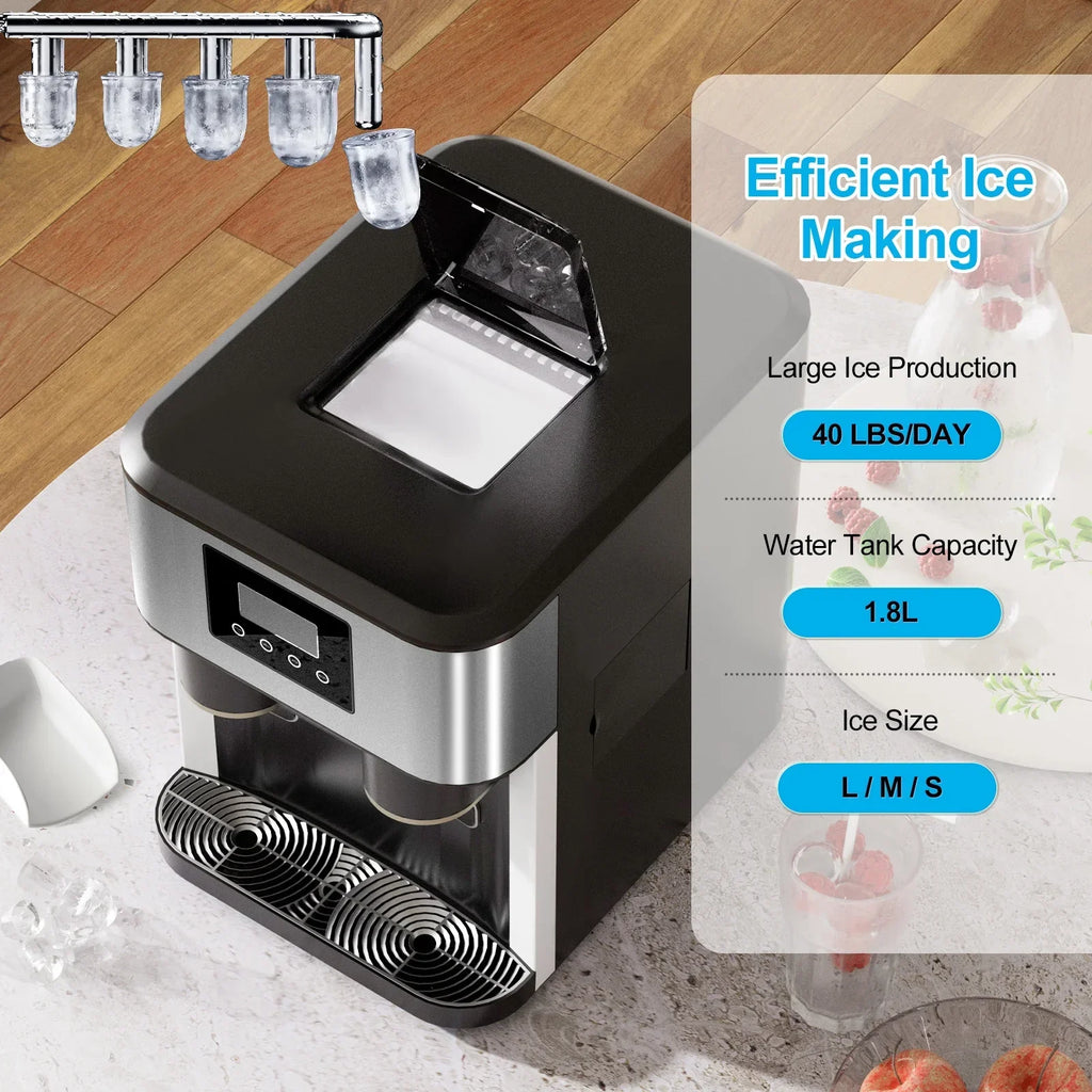 Nouveauté 2026 – Machine à glaçons TABU 3 en 1 avec distributeur d'eau, 18 kg/24 h, fonction glace pilée, autonettoyante, noire