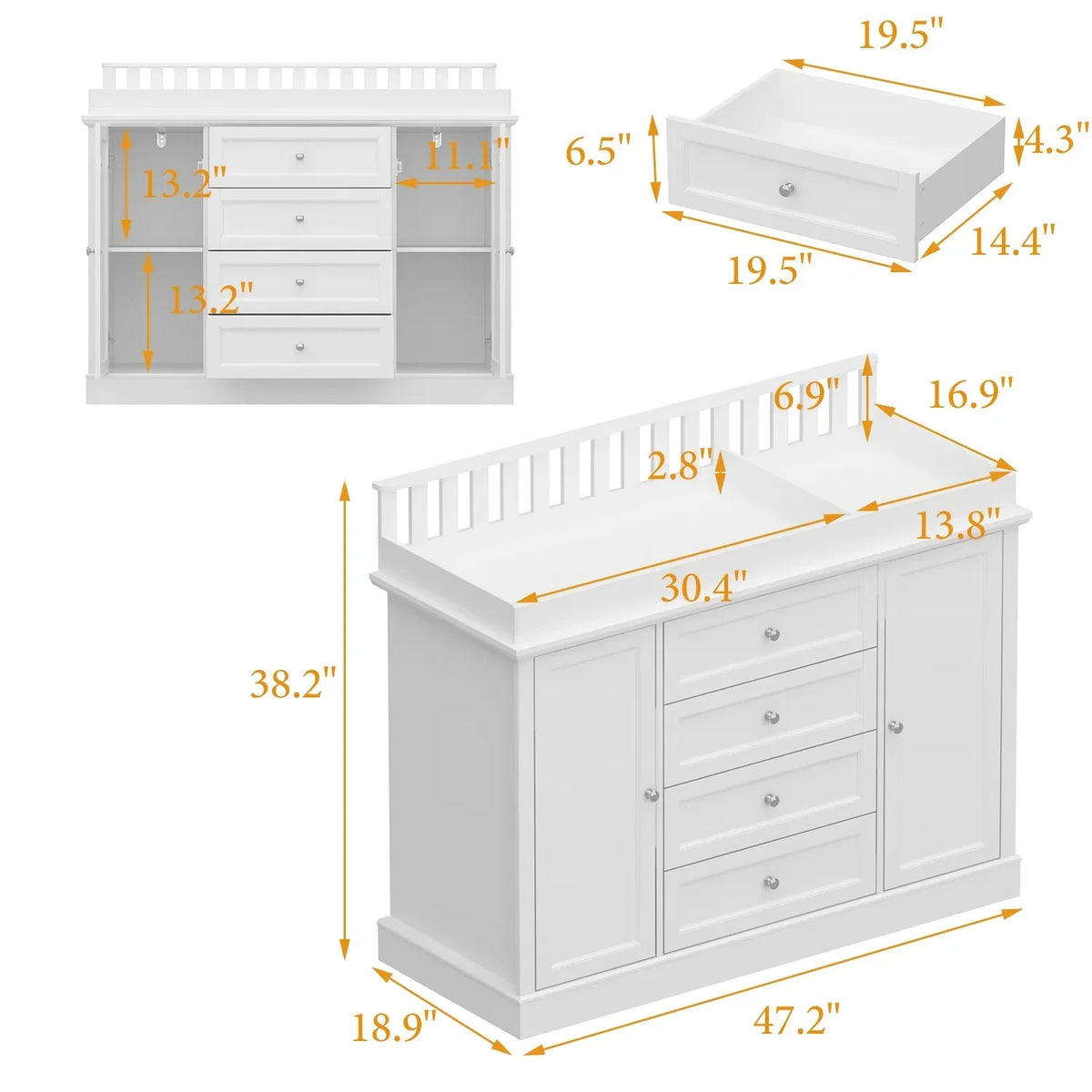 Nouveauté 2026 – Table à langer/commode pour chambre de bébé OXYLIFE , 114 cm (45 po), avec 4 tiroirs et une étagère, blanche