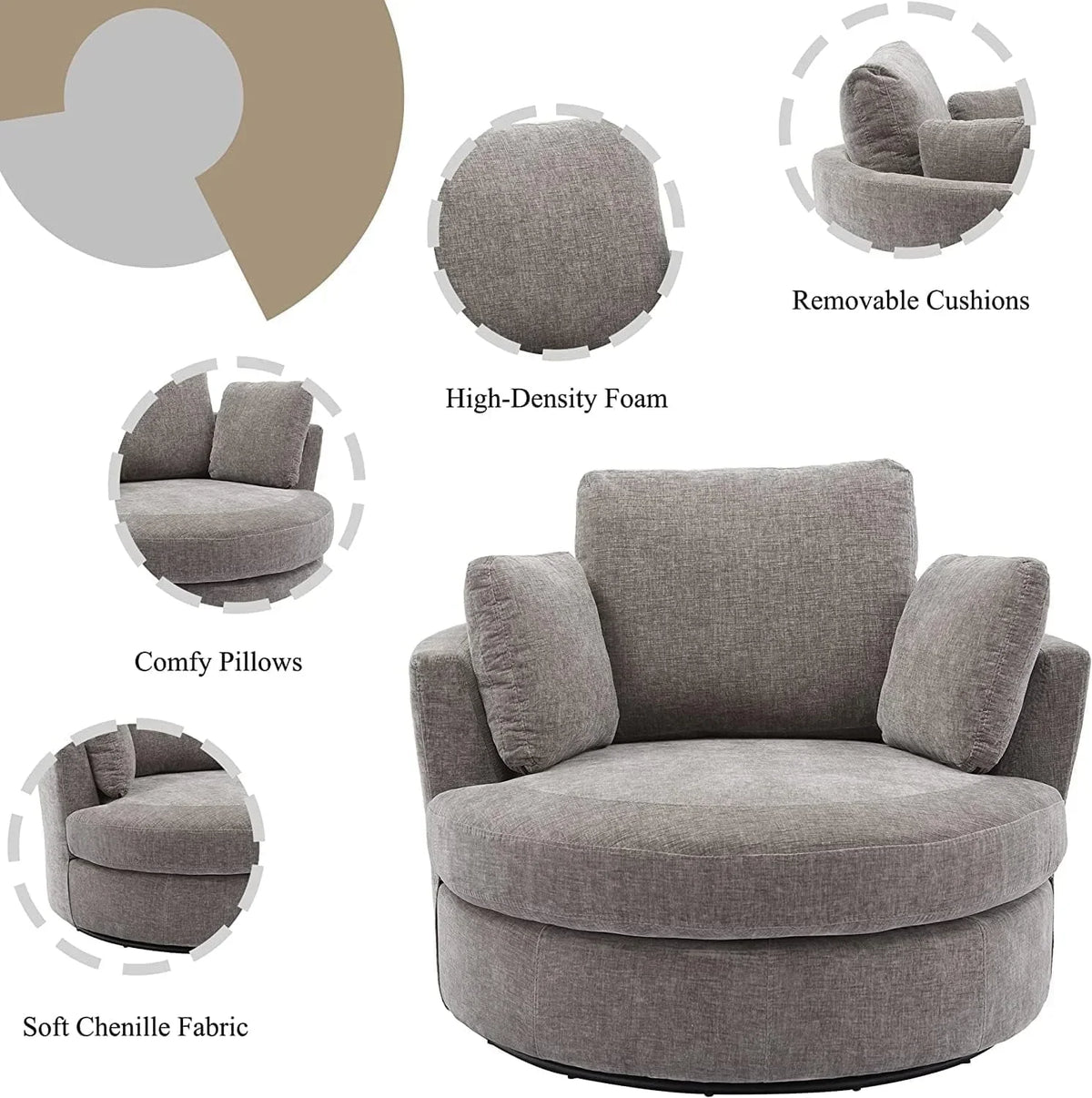 Nouveauté 2026 – Canapé deux places 42" W Small, fauteuil pivotant à 360° pour chambre à coucher, fauteuil d'appoint pivotant à 360° pour salon, fauteuil club en tissu chenille, méridienne pour salon/bureau/hôtel, gris