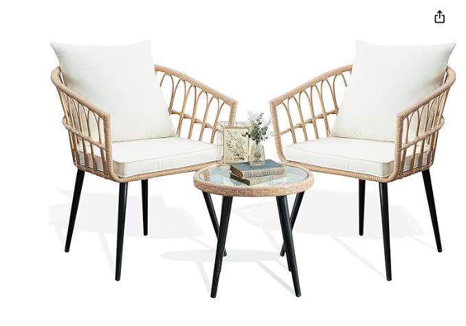 Nouveauté 2026 – Ensemble bistro de patio 3 pièces FHFO , mobilier d'extérieur en résine tressée pour balcon, appartement ou terrasse, ensemble table et chaises en rotin (2 pièces), beige