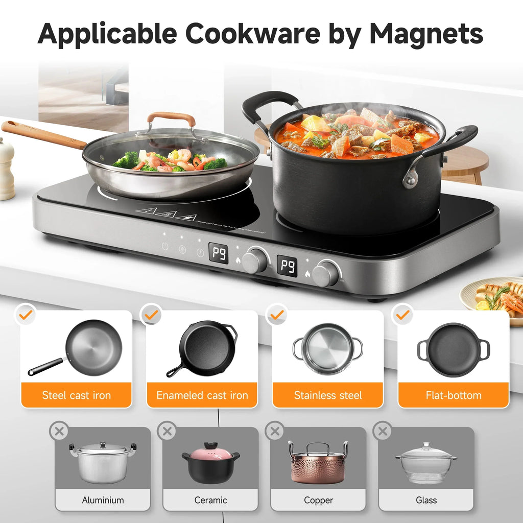Nouveauté 2026 – Plaque de cuisson à induction portable double Sunmaki avec plaque de cuisson amovible antiadhésive, 1800 W, 2 brûleurs, commandes tactiles, 9 niveaux de puissance, minuterie 99 min, idéale pour les fêtes de famille
