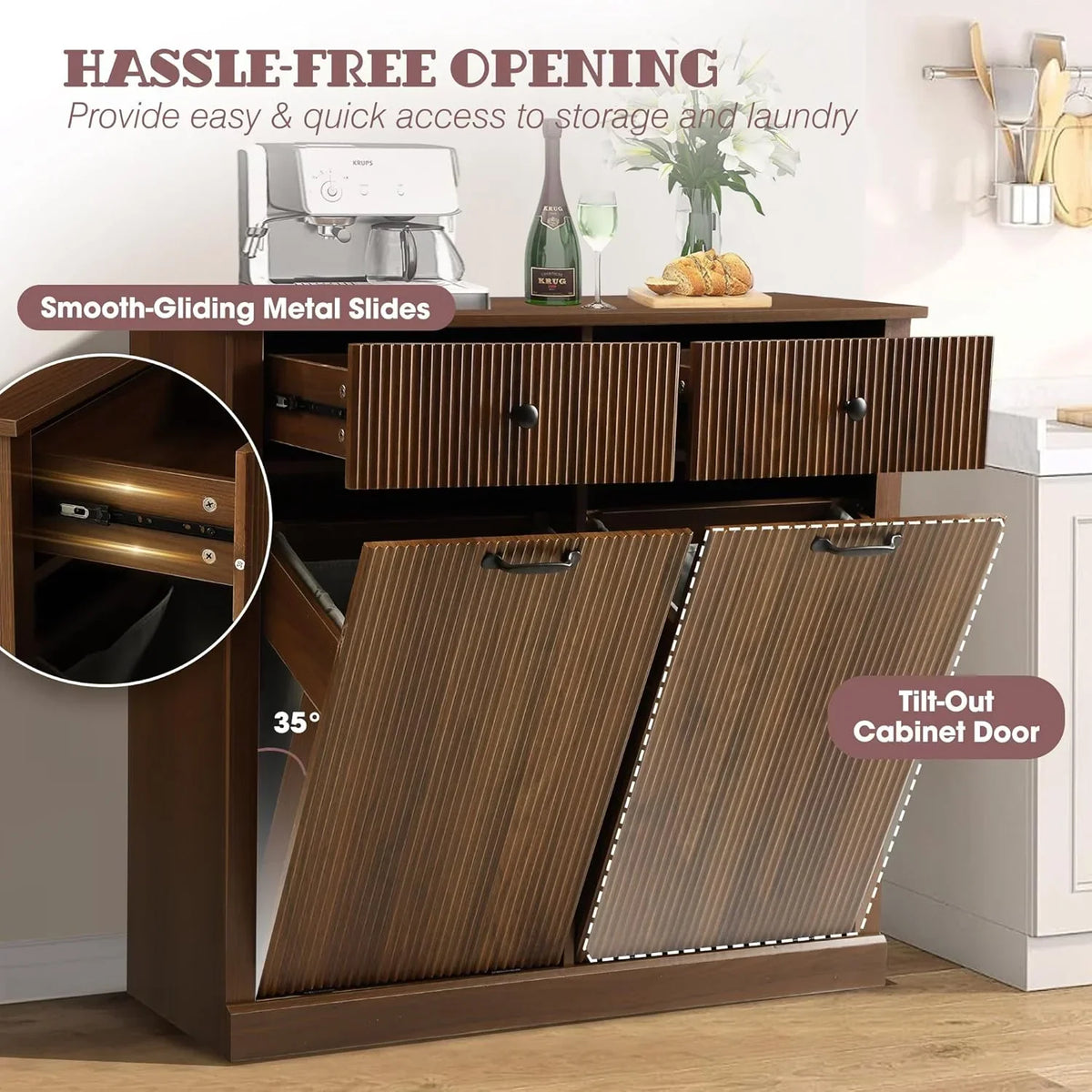 Nouveauté 2026 – Armoire à linge double basculante Haverchair , meuble poubelle moderne cannelé avec tiroir, meuble poubelle dissimulé en bois pour cuisine et salle de bain