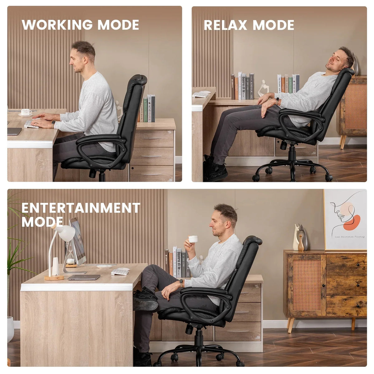 Nouveauté 2026 – Fauteuil de bureau ergonomique Mainstays Executive à dossier haut en cuir noir