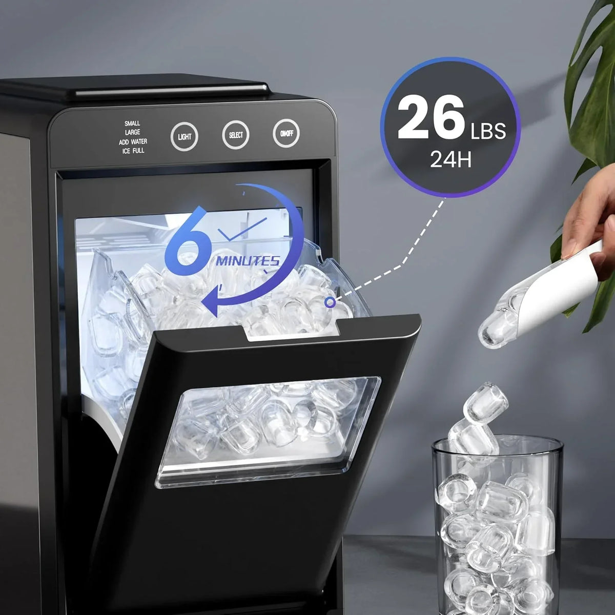 Nouveauté 2026 – Machine à glaçons de comptoir Moifoi , 12 kg/24 h, 8 glaçons en 6 min, portable, autonettoyante, éclairage intérieur, 2 tailles de glaçons, noire