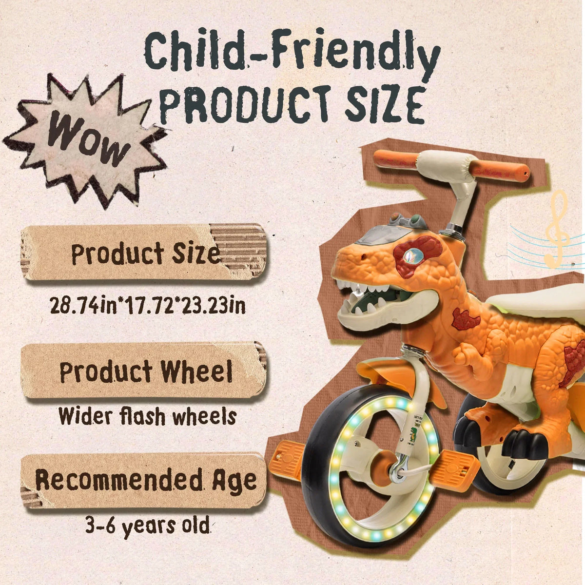 Nouveauté 2026 – Tricycle dinosaure Xuanlur pour enfants , avec larges roues lumineuses, pédales antidérapantes, panier arrière, musique et lumières LED, jouet idéal pour les enfants de 3 à 6 ans (vert