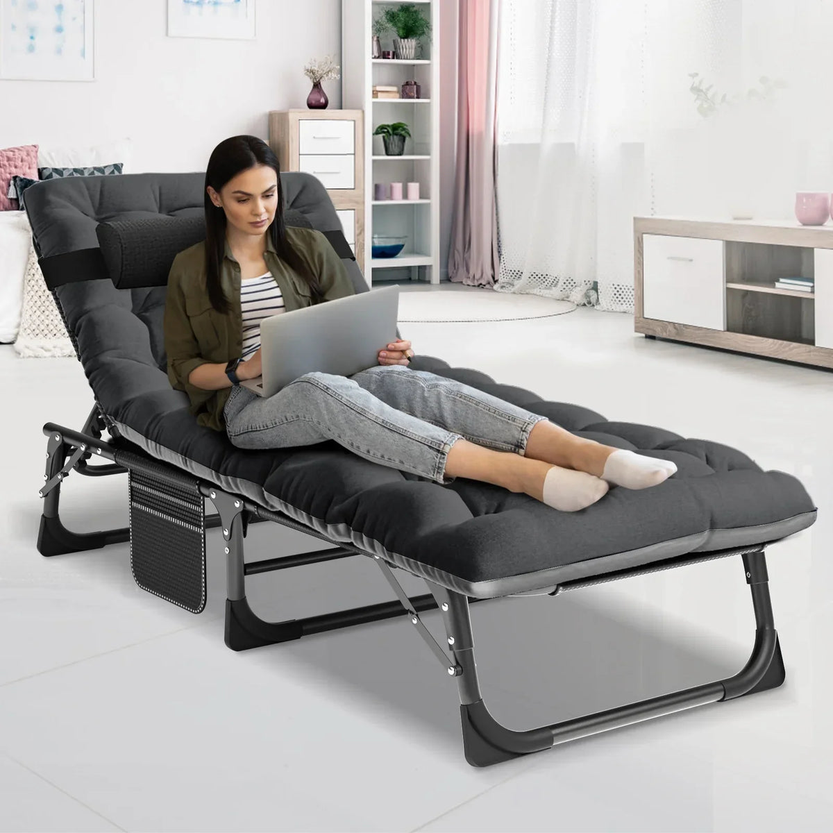 Nouveauté 2026 – Chaise longue MOPHOTO avec matelas, supportant jusqu'à 200 kg, lit de camp portable et robuste, réglable, idéal pour le camping, la piscine, la plage et la terrasse
