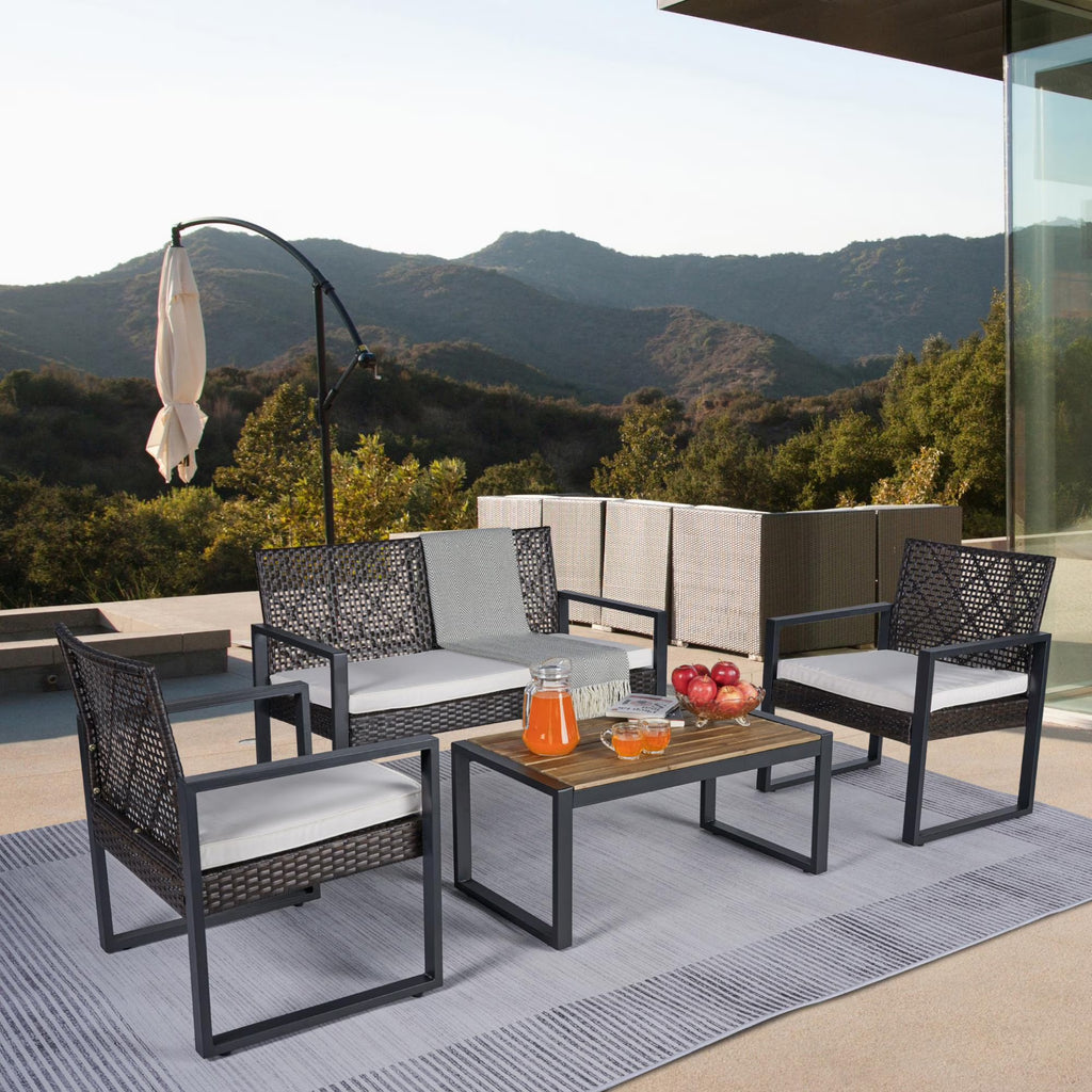 Nouveauté 2026 – Ensemble de mobilier de patio robuste , ensemble de conversation d'extérieur sectionnel 4 pièces, ensemble de canapé de patio en rotin PE marron avec coussins bleus