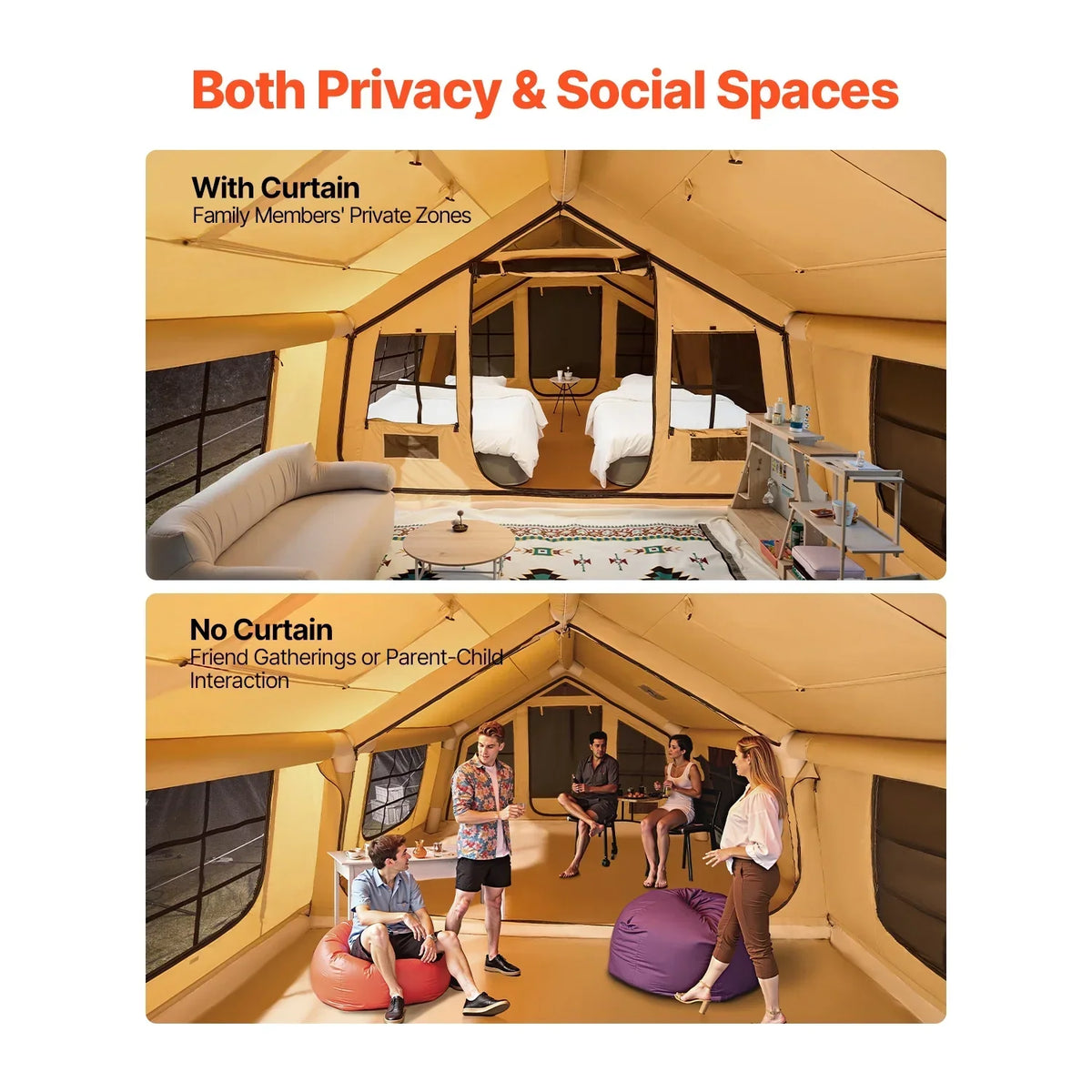 Nouveauté 2026 – Tente gonflable KFFKFF pour 8 à 12 personnes, 4,80 m x 3,60 m x 2,20 m, tente de glamping gonflable avec pompe manuelle, tente gonflable étanche, abri de camping toutes saisons avec double toit ouvrant et sortie pour poêle