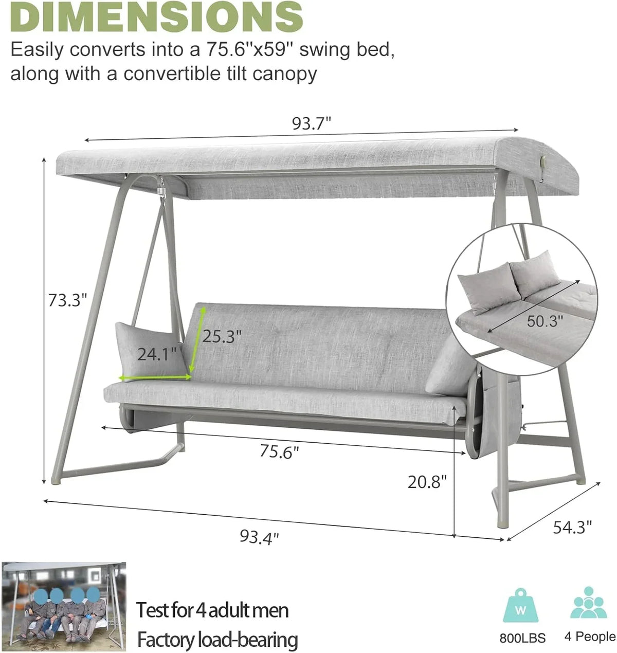 Nouveauté 2026 – Balancelle d'extérieur surdimensionnée 4 places TQKVIPI avec dossier réglable et auvent, convertible en lit suspendu 2 en 1 (capacité de 363 kg), avec coussins amovibles, idéale pour jardin, terrasse, piscine ou balcon