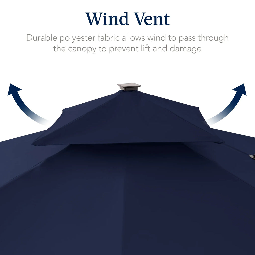 Nouveauté 2026 – Parasol déporté carré d'extérieur à deux niveaux, 3,66 m x 3,66 m, à éclairage solaire LED, avec base rotative à 360°, bleu marine, Best Choice Products