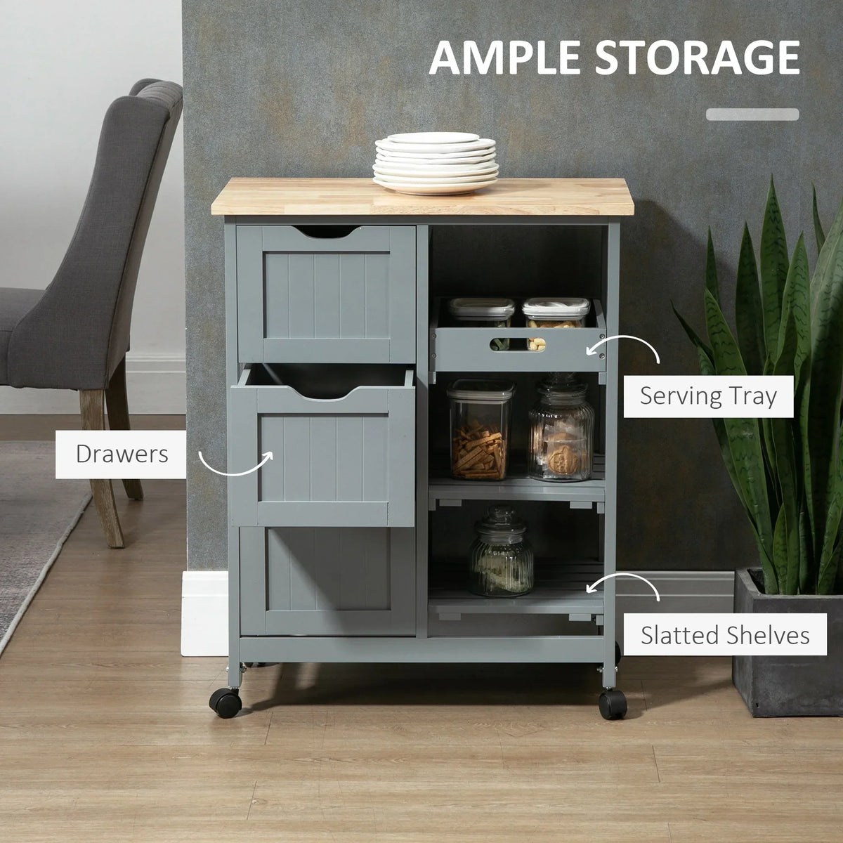 Nouveauté 2026 – Îlot de cuisine roulant HOMCOM , chariot de service de bar, chariot compact sur roulettes avec plateau en bois, étagères et tiroirs pour salle à manger, gris