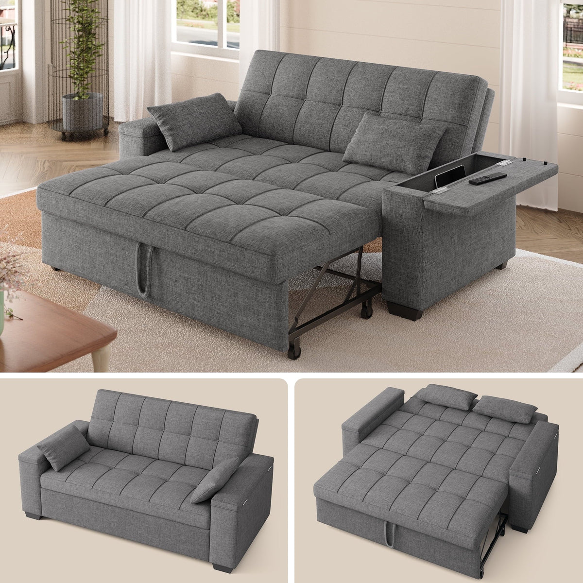 Nouveauté 2026 – Canapé-lit convertible 3 en 1 Lofka avec rangement, dossier réglable et fonction gigogne - Fauteuil-lit idéal pour les petits espaces et les appartements, gris foncé