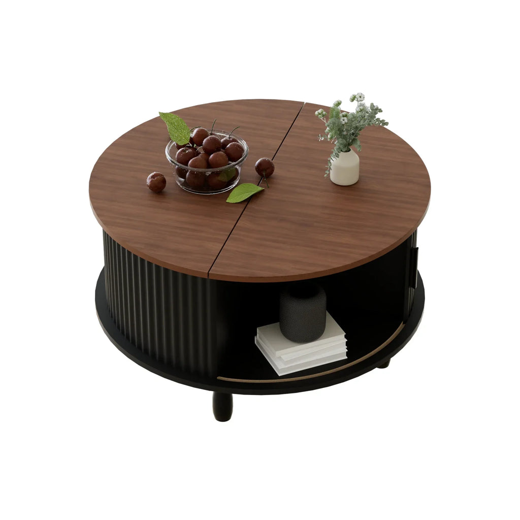 Nouveauté 2026 – Table basse ronde RUMLIVE avec rangement, table basse moderne de 78 cm avec porte coulissante incurvée à 360°, table basse en bois cannelé avec patins, table centrale ronde pour salon, noire