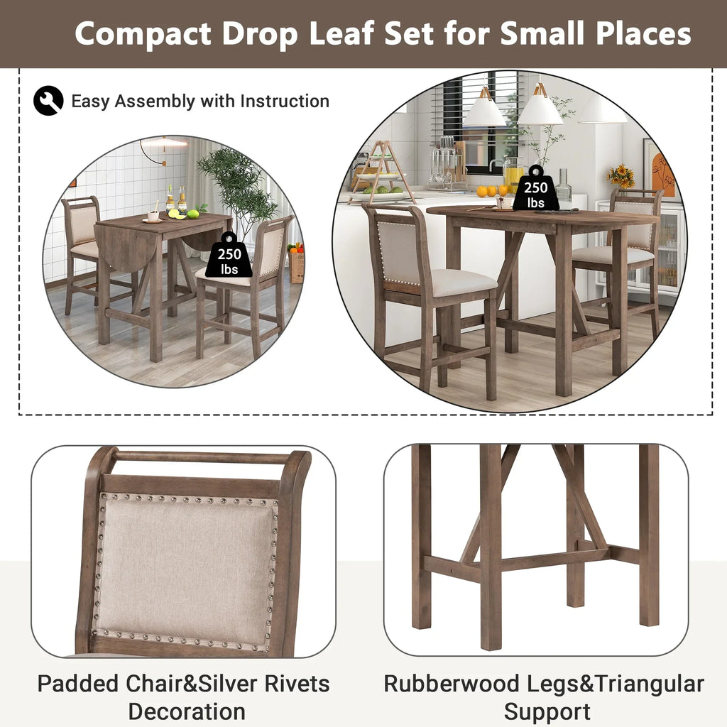 Nouveauté 2026 – Ensemble de salle à manger pliant 3 pièces en bois Harper & Bright Designs : table à abattants et 2 chaises de bar rembourrées, idéal pour les petits espaces, marron