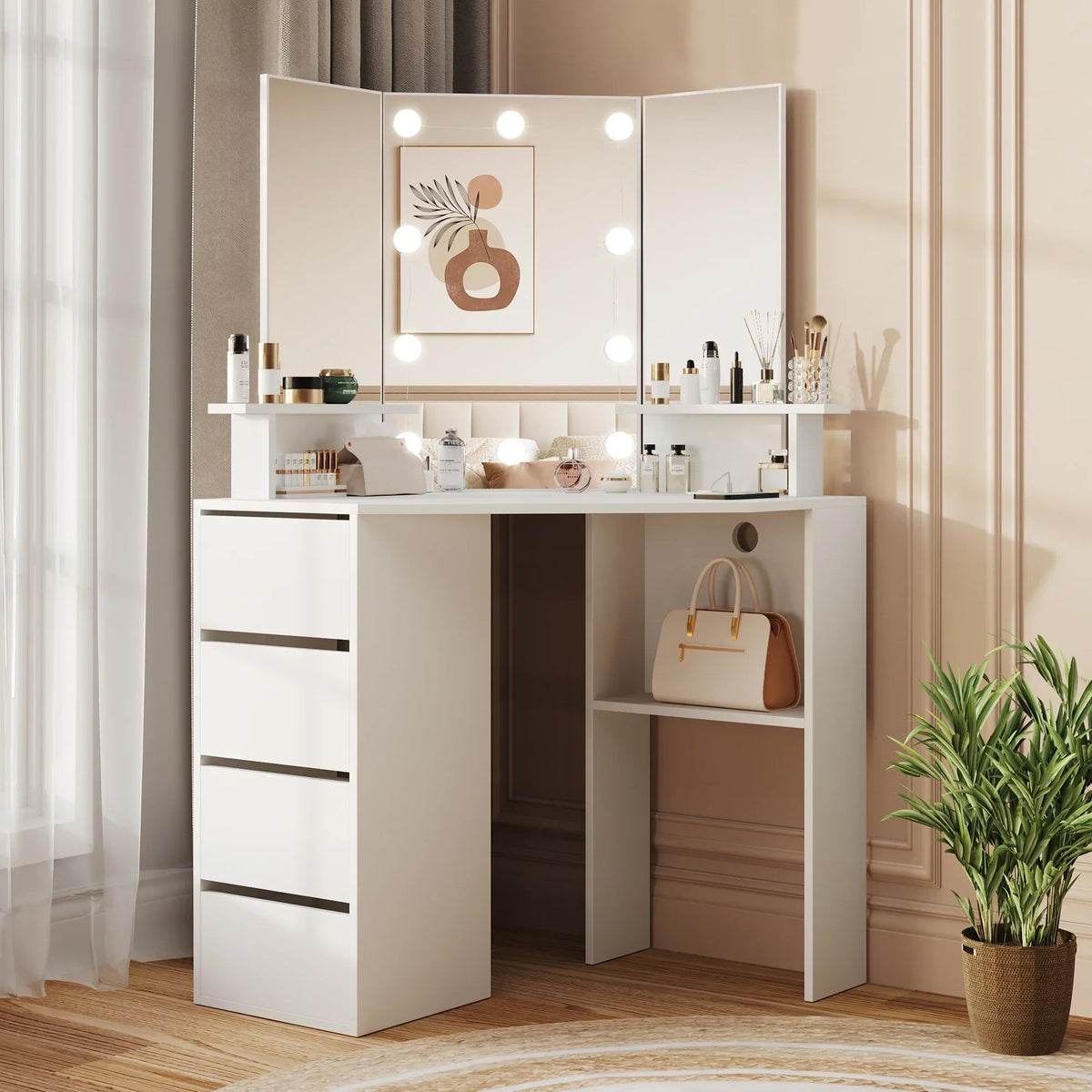 Nouveauté 2026 – Coiffeuse d'angle en placage bois blanc avec miroir et lumière, table de maquillage avec 4 tiroirs et station de recharge pour chambre à coucher