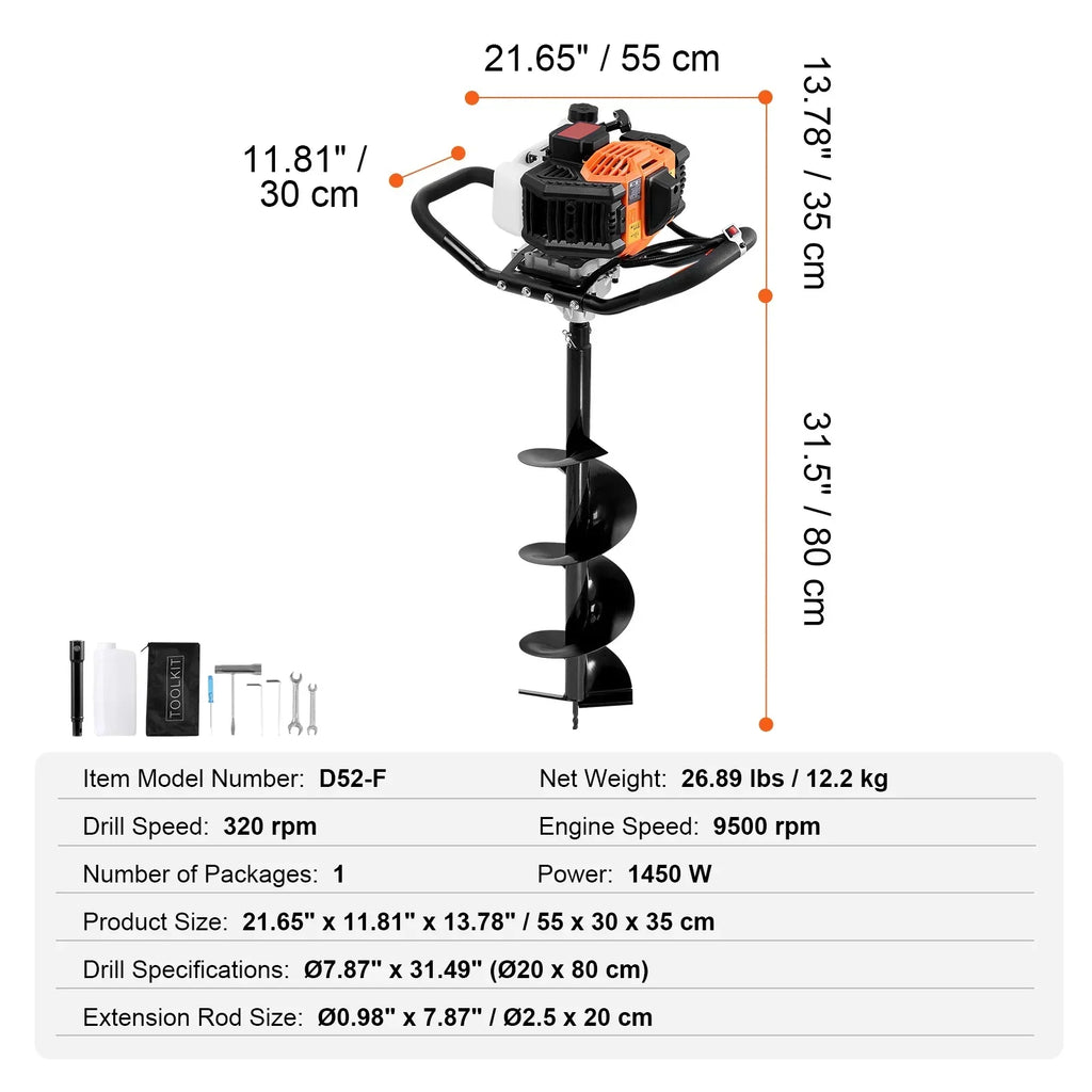 Nouveauté 2026 – Tarière à essence KFFKFF , 52 cm³, 1450 W, avec foret de 20 cm et rallonge, idéale pour le jardinage, les travaux agricoles et la pose de clôtures, orange et noir