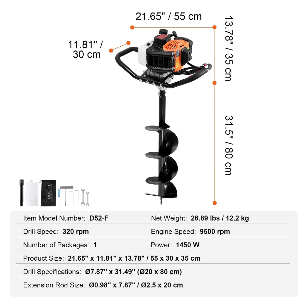 Nouveauté 2026 – Tarière à essence KFFKFF , 52 cm³, 1450 W, avec foret de 20 cm et rallonge, idéale pour le jardinage, les travaux agricoles et la pose de clôtures, orange et noir