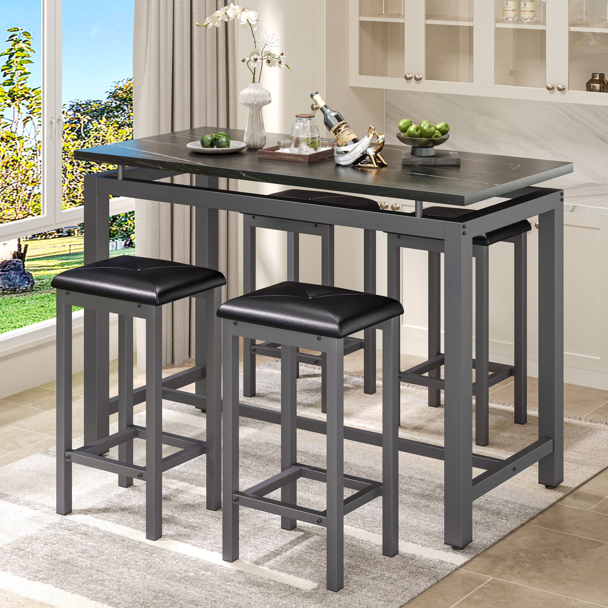 Nouveauté 2026 – Ensemble de table haute 5 places , table de bar et tabourets assortis, table à manger minimaliste avec tabourets sans dossier, ensemble table et chaises de bar avec plateau en bois pour cuisine, appartement ou bistrot - Gain de place