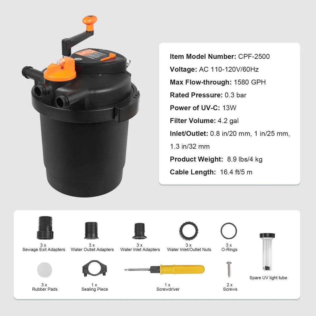 Nouveauté 2026 – Filtre à pression Bio pour bassins avec lampe UV-C 13 W, débit de 1580 GPH, pour bassins jusqu'à 1600 gallons, filtration biologique sous pression pour bassins de jardin, aquariums à carpes koï et fontaines