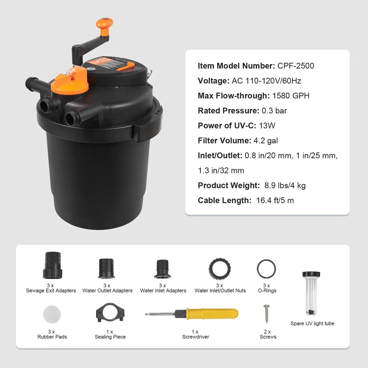 Nouveauté 2026 – Filtre à pression Bio pour bassins avec lampe UV-C 13 W, débit de 1580 GPH, pour bassins jusqu'à 1600 gallons, filtration biologique sous pression pour bassins de jardin, aquariums à carpes koï et fontaines