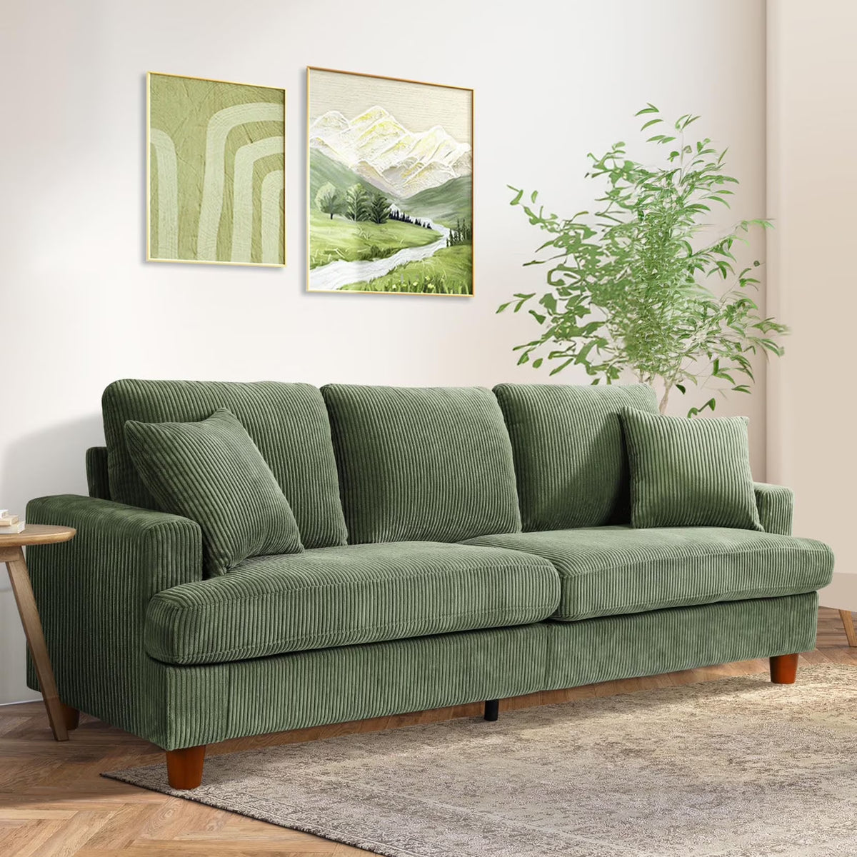 Nouveauté 2026 – Canapé 3 places en velours côtelé 221 cm (87 pouces), avec assises extra profondes, confortable et rembourré, idéal pour le salon. Comprend 2 coussins et est disponible en vert