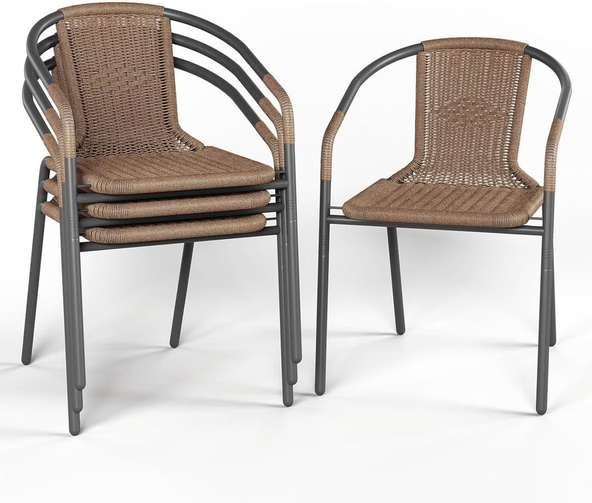 Nouveauté 2026 – Ensemble de 6 chaises de jardin ELPOSUN , chaises de patio en osier avec structure en métal, chaises empilables en rotin pour bistro, terrasse, jardin, porche, restaurant (noir