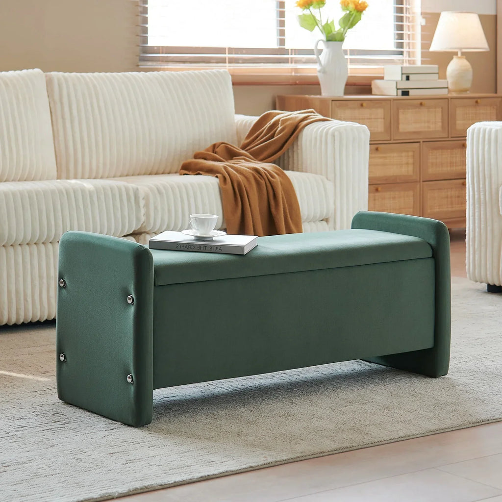 Nouveauté 2026 – Banc coffre Pinmoco de 112 cm (44 po), banc d'entrée rembourré avec rangement, idéal pour la chambre et le salon, en velours côtelé gris