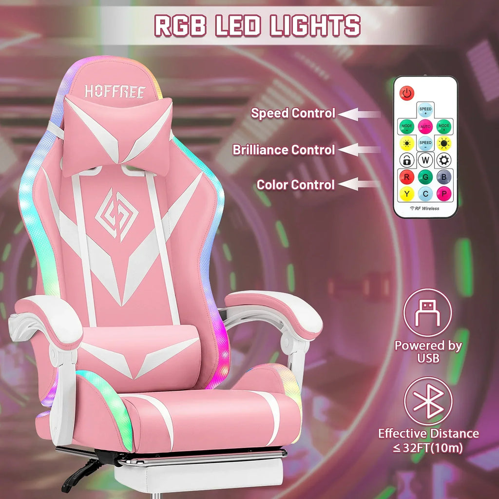 Nouveauté 2026 – Fauteuil de jeu Hoffree avec haut-parleurs intégrés, en cuir PU, repose-pieds et éclairage LED. Fauteuil ergonomique pour gamer avec massage, soutien lombaire et appui-tête pivotant et réglable. Idéal pour le télétravail et le bureau