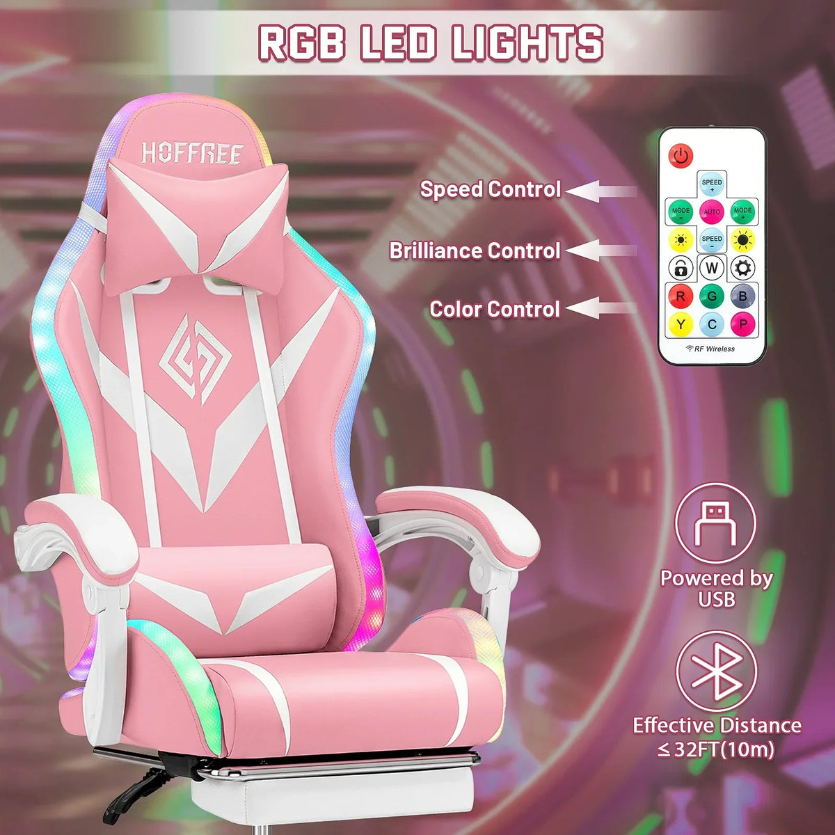 Nouveauté 2026 – Fauteuil de jeu Hoffree avec haut-parleurs intégrés, en cuir PU, repose-pieds et éclairage LED. Fauteuil ergonomique pour gamer avec massage, soutien lombaire et appui-tête pivotant et réglable. Idéal pour le télétravail et le bureau