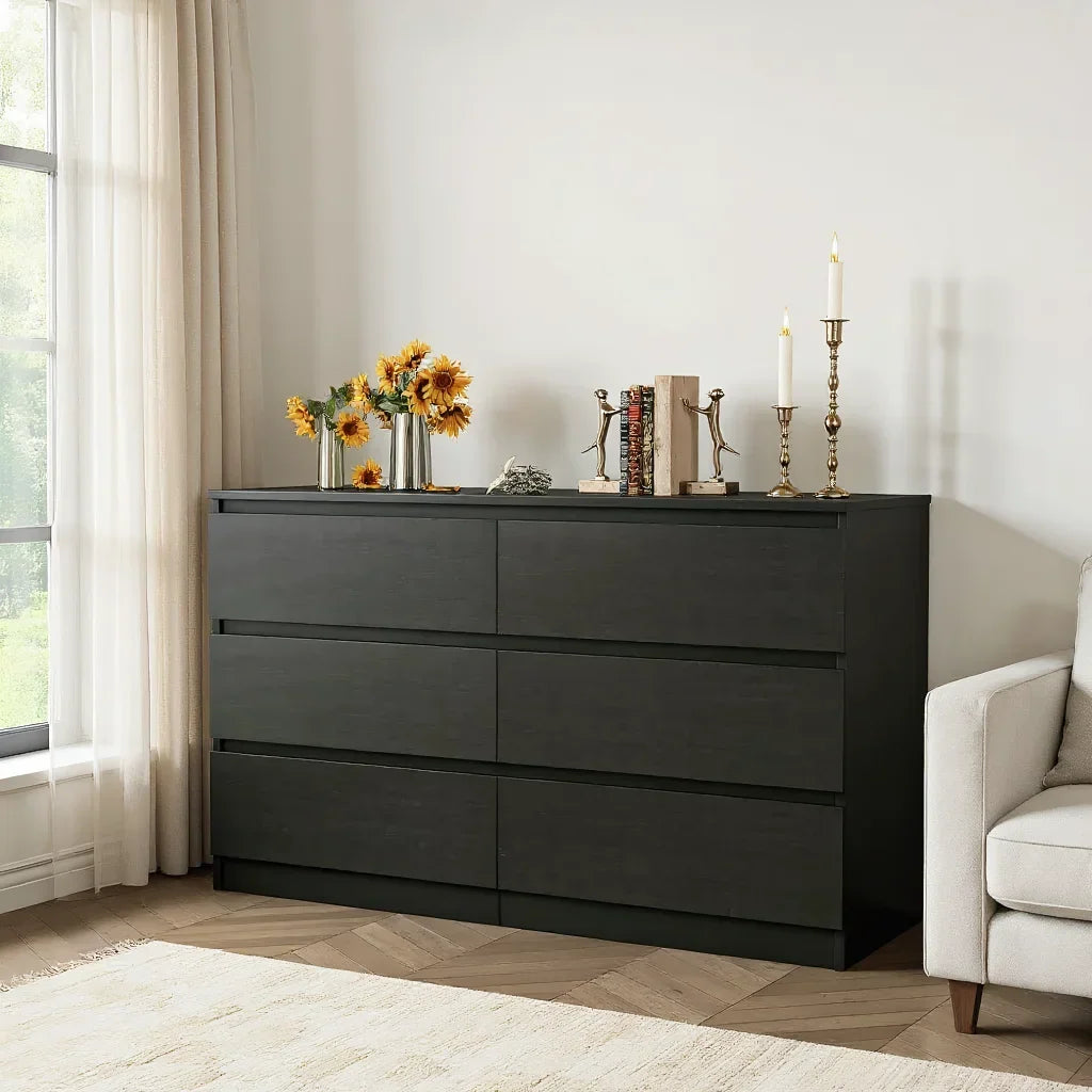 Nouveauté 2026 – Commode moderne Kadyn à 6 tiroirs, meuble en bois, commode pour chambre, meuble de rangement de cuisine avec tiroirs, commode (noire