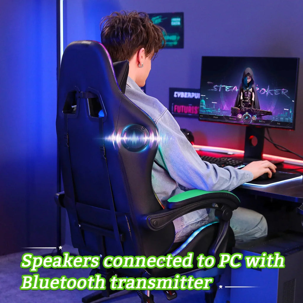 Nouveauté 2026 – Fauteuil de jeu Hoffree avec haut-parleurs intégrés, en cuir PU, repose-pieds et éclairage LED. Fauteuil ergonomique pour gamer avec massage, soutien lombaire et appui-tête pivotant et réglable. Idéal pour le télétravail et le bureau