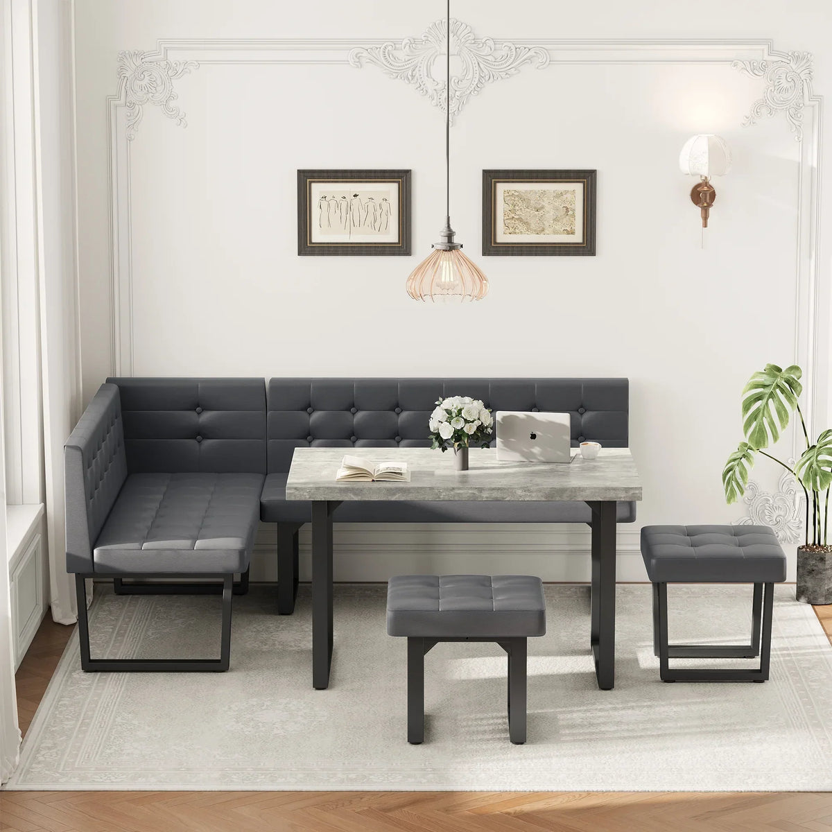 Nouveauté 2026 – Ensemble de salle à manger d'angle 5 pièces Brafab avec table et banc, style moderne, avec banquette rembourrée grise