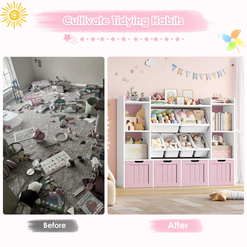 Nouveauté 2026 – Bibliothèque enfant Hiphuta à 3 niveaux avec rangement pour jouets, en bois, composée de 6 boîtes et 4 tiroirs amovibles, blanche