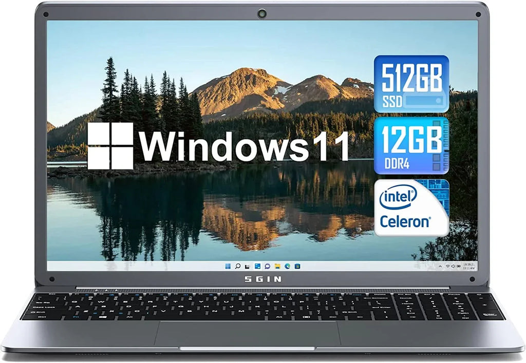 Nouveauté 2026 – Ordinateur portable SGIN 15,6 pouces : 12 Go de RAM DDR4, SSD de 512 Go, Windows 11, processeur Intel Celeron N5095A, écran Full HD 1920 x 1080