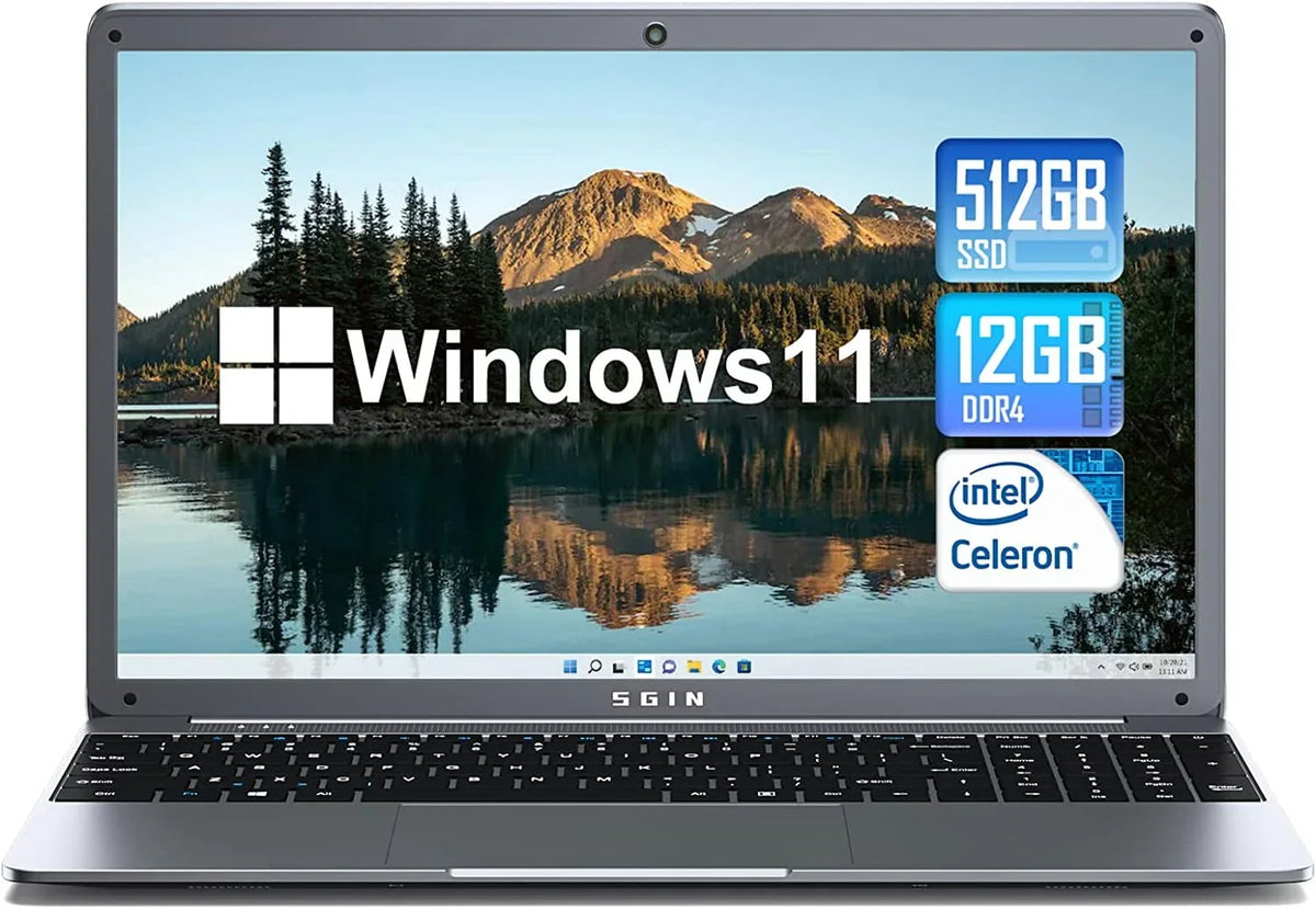 Nouveauté 2026 – Ordinateur portable SGIN 15,6 pouces : 12 Go de RAM DDR4, SSD de 512 Go, Windows 11, processeur Intel Celeron N5095A, écran Full HD 1920 x 1080