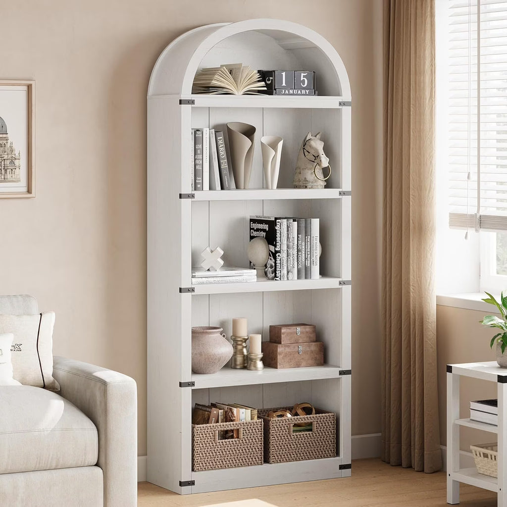 Nouveauté 2026 – Bibliothèque arquée à 5 étagères, 182 cm de haut, style ferme, étagère de rangement en bois pour la maison, le bureau ou le salon (blanche