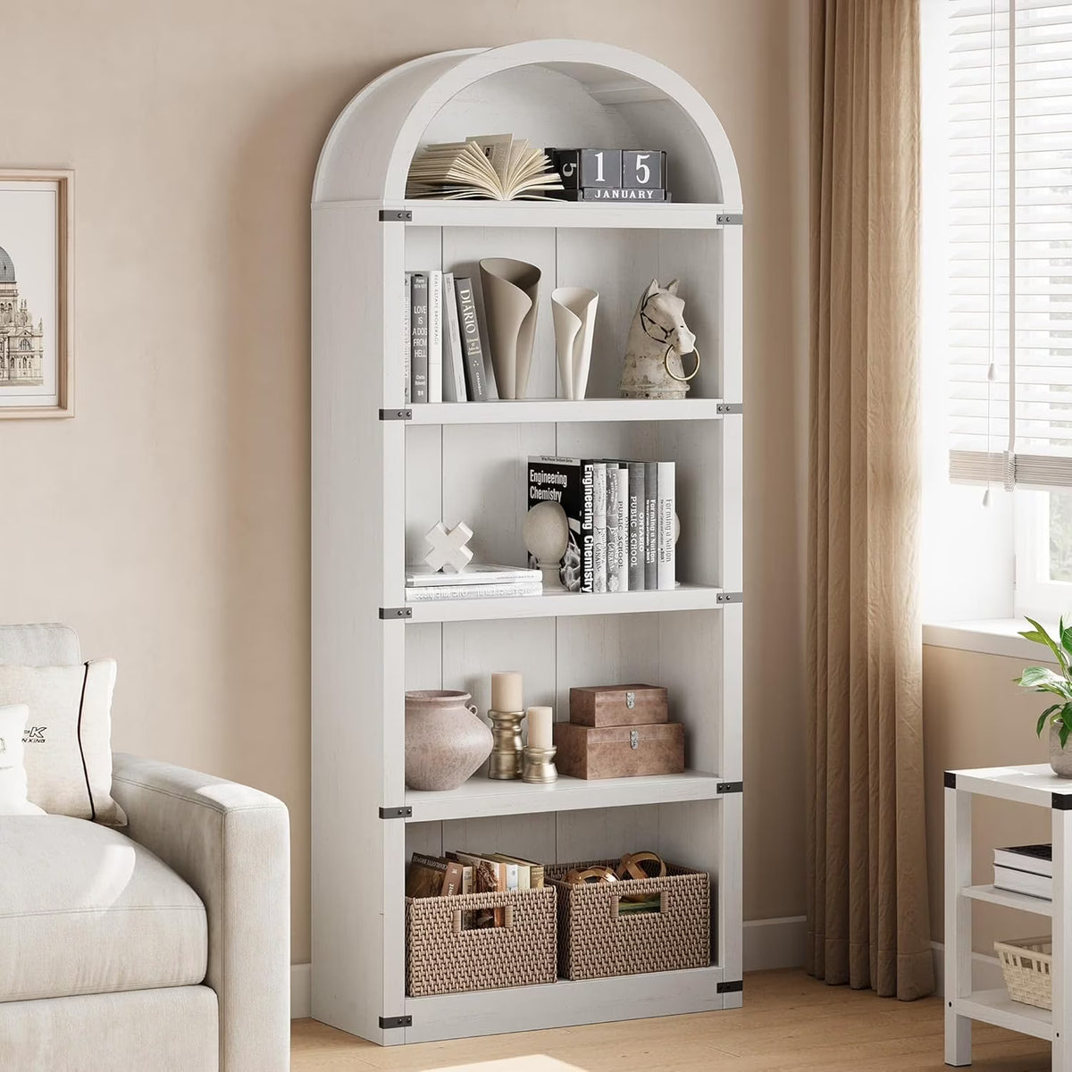 Nouveauté 2026 – Bibliothèque arquée à 5 étagères, 182 cm de haut, style ferme, étagère de rangement en bois pour la maison, le bureau ou le salon (blanche