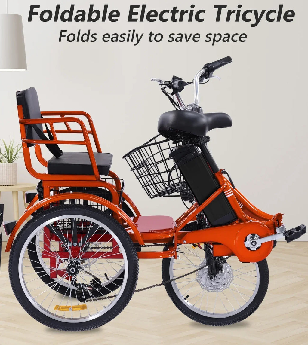 Nouveauté 2026 – Tricycle électrique NOMIGO pour adultes, pliable, à 3 roues, deux places, grand panier, moteur sans balais ultra-puissant de 350 W, batterie lithium 48 V 13 Ah, vitesse maximale de 32 km/h, orange