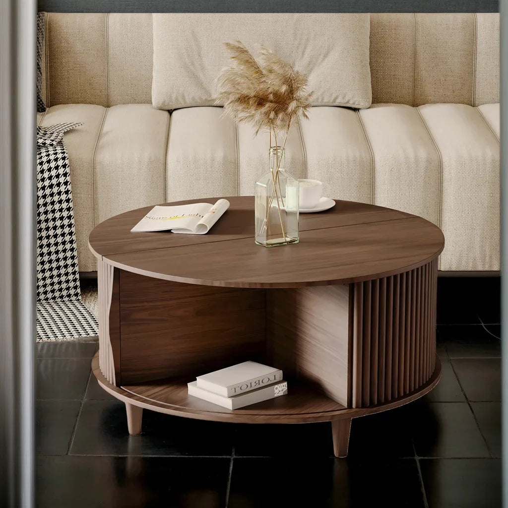 Nouveauté 2026 – Table basse ronde JOINICE avec rangement et porte coulissante, table centrale en bois de style moderne du milieu du siècle, pour salon, noyer