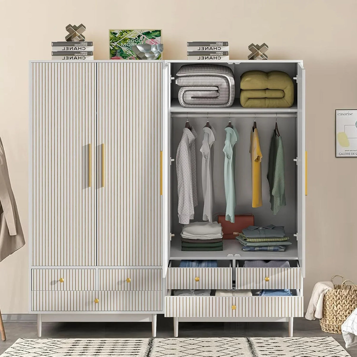 Nouveauté 2026 – Armoire-penderie Armoire à 2 portes, avec penderie et tiroirs, en bois blanc, idéale pour la chambre à coucher