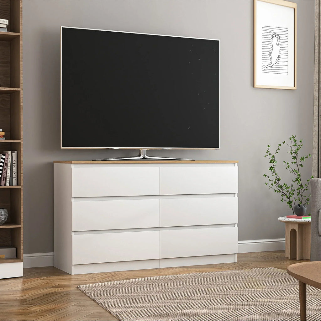 Nouveauté 2026 – Commode Resenkos moderne style milieu du siècle, 6 tiroirs, large, pour chambre à coucher, grise