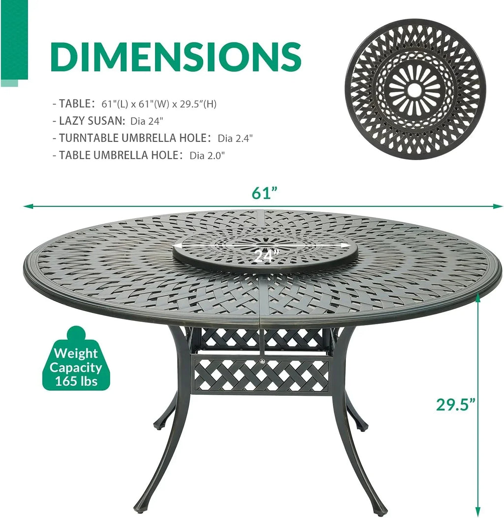 Nouveauté 2026 – Table de salle à manger d'extérieur VIVIJASON , 155 cm (61 po), pour 6 à 8 personnes, grande table ronde avec plateau tournant de 61 cm (24 po), en aluminium moulé bronze foncé au style rustique, avec trou pour parasol, idéale pour b