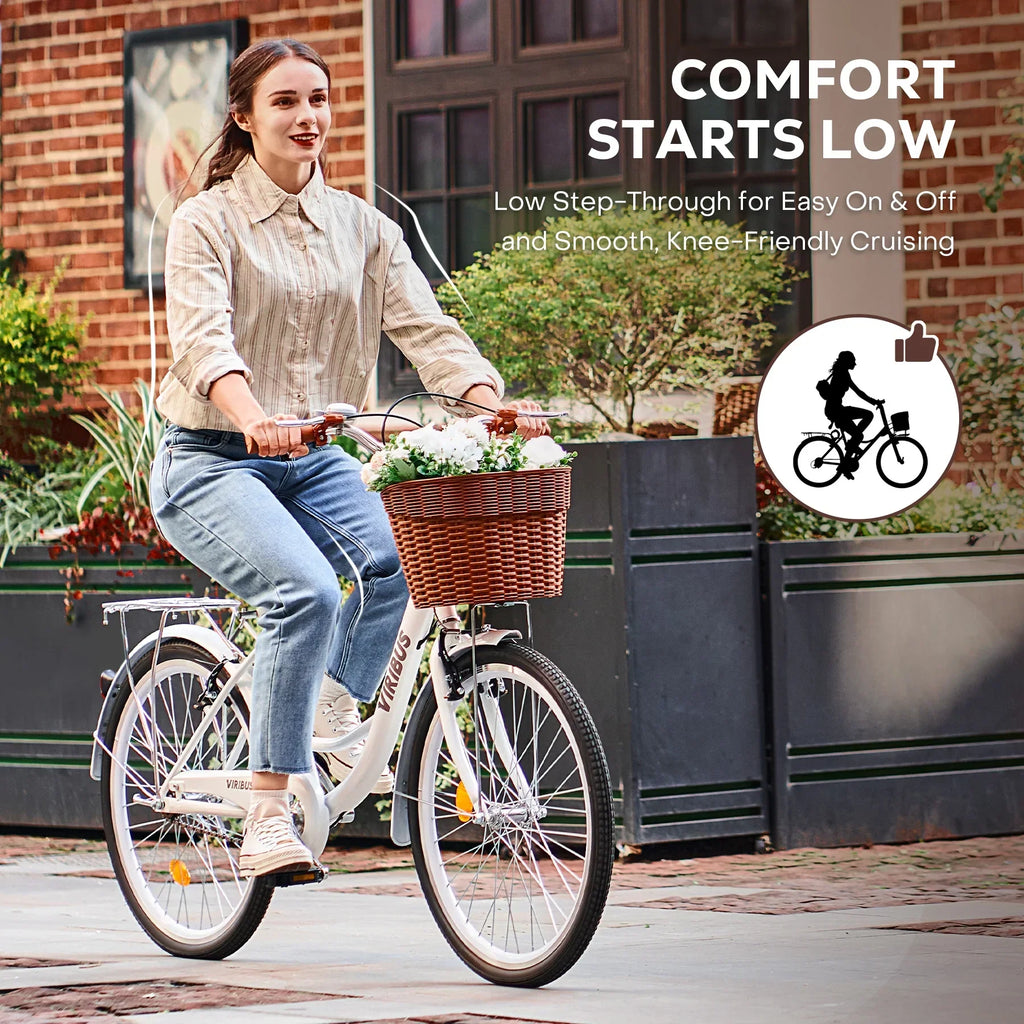 Nouveauté 2026 – Vélo confort femme Viribus , 24 pouces, style cruiser plage et ville, avec panier, blanc