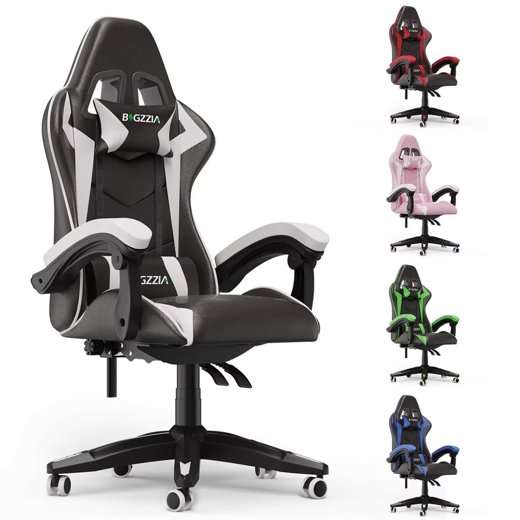 Nouveauté 2026 – Chaise de jeu Bigzzia , chaise de bureau ergonomique avec appui-tête et soutien lombaire réglables en hauteur, pour adultes et adolescents, noir et blanc