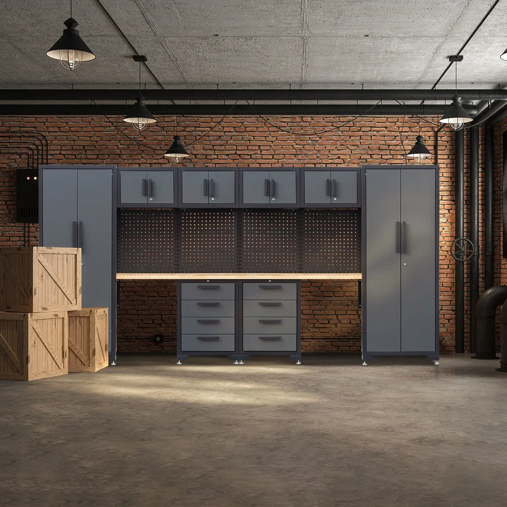Nouveauté 2026 – Système d'armoires de rangement pour garage HPDMC , ensemble d'atelier 7 pièces comprenant des armoires métalliques, des tiroirs en acier, un établi et un panneau perforé pour l'organisation des outils de garage