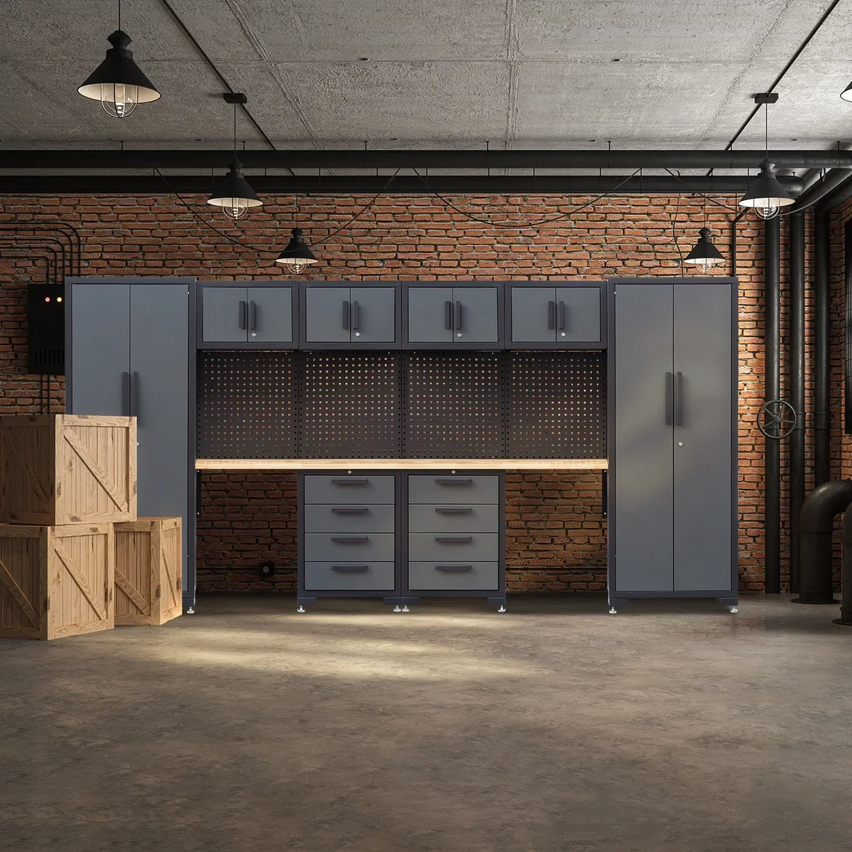 Nouveauté 2026 – Système d'armoires de rangement pour garage HPDMC , ensemble d'atelier 7 pièces comprenant des armoires métalliques, des tiroirs en acier, un établi et un panneau perforé pour l'organisation des outils de garage