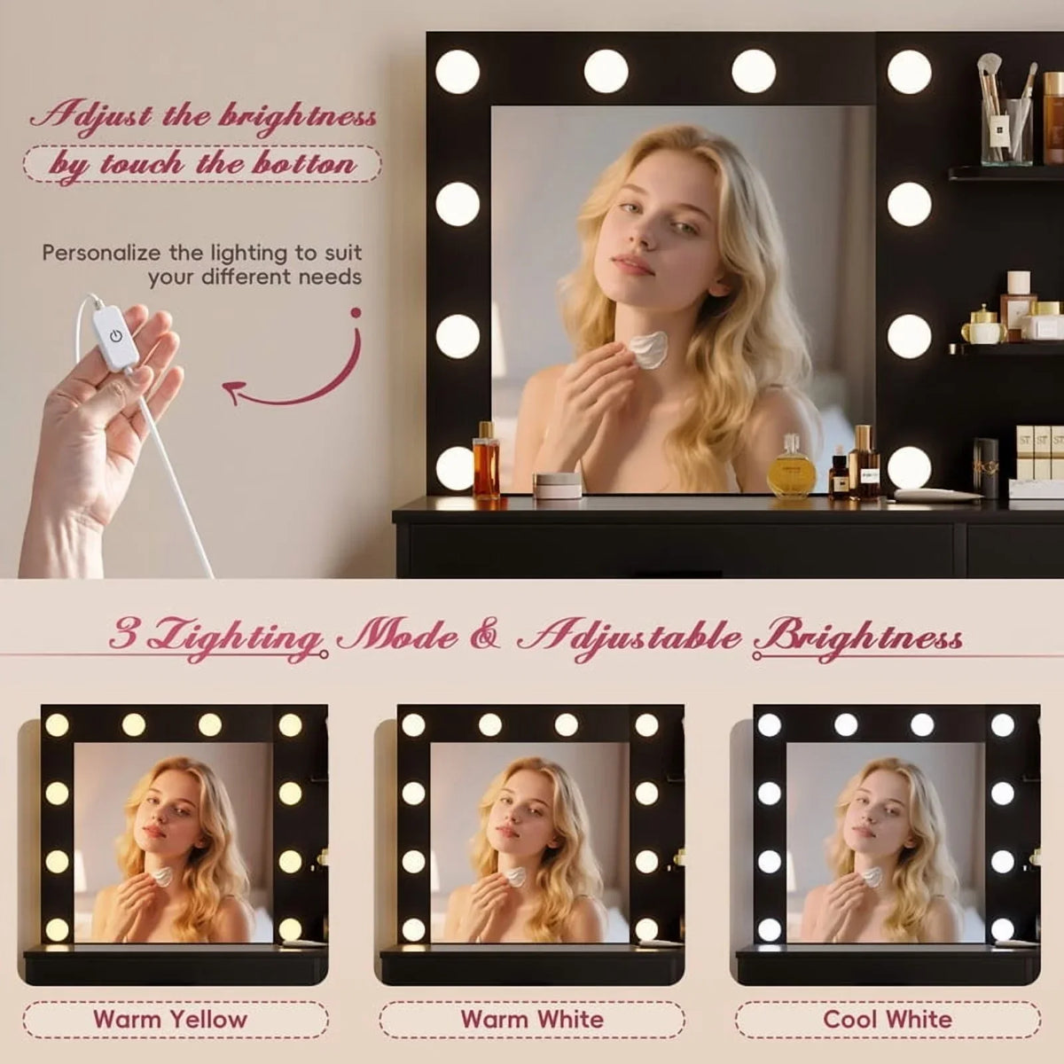 Nouveauté 2026 – Coiffeuse Lacoo avec miroir et éclairage LED, meuble de maquillage avec 7 tiroirs et 4 étagères, table de toilette avec prise électrique pour chambre ou dressing, blanche