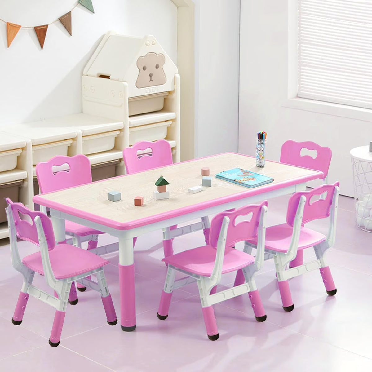 Nouveauté 2026 – Ensemble table et chaises pour enfants TROPOW , table réglable en hauteur pour tout-petits et 6 chaises, table multi-activités avec plateau à motifs graffiti et pieds antidérapants pour les enfants de 2 à 10 ans, idéale pour les gard